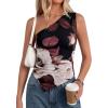 imagePRETTYGARDEN Womens Floral Mesh Tops 2026 Summer Asymmetrical One Shoulder Sleeveless Ruched Shirts Spring Going Out ClothesBlack Apricot Floral