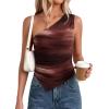 imagePRETTYGARDEN Womens Floral Mesh Tops 2026 Summer Asymmetrical One Shoulder Sleeveless Ruched Shirts Spring Going Out ClothesBrown Print