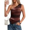 imagePRETTYGARDEN Womens Floral Mesh Tops 2026 Summer Asymmetrical One Shoulder Sleeveless Ruched Shirts Spring Going Out ClothesBrown Print