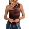 imagePRETTYGARDEN Womens Floral Mesh Tops 2026 Summer Asymmetrical One Shoulder Sleeveless Ruched Shirts Spring Going Out ClothesBrown Print