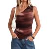 imagePRETTYGARDEN Womens Floral Mesh Tops 2026 Summer Asymmetrical One Shoulder Sleeveless Ruched Shirts Spring Going Out ClothesBrown Print