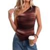 imagePRETTYGARDEN Womens Floral Mesh Tops 2026 Summer Asymmetrical One Shoulder Sleeveless Ruched Shirts Spring Going Out ClothesBrown Print