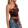 imagePRETTYGARDEN Womens Floral Mesh Tops 2026 Summer Asymmetrical One Shoulder Sleeveless Ruched Shirts Spring Going Out ClothesBrown Print