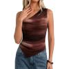 imagePRETTYGARDEN Womens Floral Mesh Tops 2026 Summer Asymmetrical One Shoulder Sleeveless Ruched Shirts Spring Going Out ClothesBrown Print