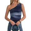 imagePRETTYGARDEN Womens Floral Mesh Tops 2026 Summer Asymmetrical One Shoulder Sleeveless Ruched Shirts Spring Going Out ClothesGradient Blue
