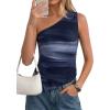 imagePRETTYGARDEN Womens Floral Mesh Tops 2026 Summer Asymmetrical One Shoulder Sleeveless Ruched Shirts Spring Going Out ClothesGradient Blue