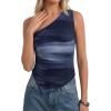 imagePRETTYGARDEN Womens Floral Mesh Tops 2026 Summer Asymmetrical One Shoulder Sleeveless Ruched Shirts Spring Going Out ClothesGradient Blue