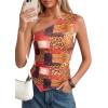 imagePRETTYGARDEN Womens Floral Mesh Tops 2026 Summer Asymmetrical One Shoulder Sleeveless Ruched Shirts Spring Going Out ClothesKhaki Leopard
