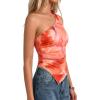 imagePRETTYGARDEN Womens Floral Mesh Tops 2026 Summer Asymmetrical One Shoulder Sleeveless Ruched Shirts Spring Going Out ClothesOrange Watercolor
