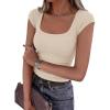 imagePRETTYGARDEN Womens Cap Sleeve T Shirts 2026 Square Neck Basic Tees Slim Fit Ribbed Knit Spring Going Out Tops Summer ClothesBeige