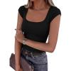 imagePRETTYGARDEN Womens Cap Sleeve T Shirts 2026 Square Neck Basic Tees Slim Fit Ribbed Knit Spring Going Out Tops Summer ClothesBlack