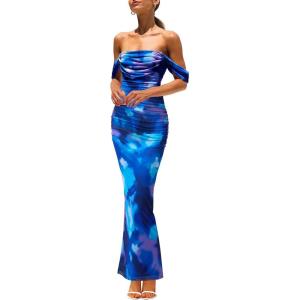 imagePRETTYGARDEN Cocktail Dresses for Women 2026 Summer Floral Off Shoulder Ruched Mesh Elegant Wedding Guest Maxi DressBlue Floral