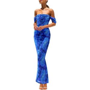 imagePRETTYGARDEN Cocktail Dresses for Women 2026 Summer Floral Off Shoulder Ruched Mesh Elegant Wedding Guest Maxi DressBright Blue