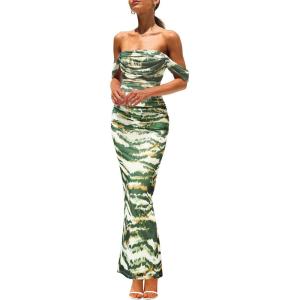 imagePRETTYGARDEN Cocktail Dresses for Women 2026 Summer Floral Off Shoulder Ruched Mesh Elegant Wedding Guest Maxi DressDark Army Green Floral