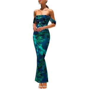 imagePRETTYGARDEN Cocktail Dresses for Women 2026 Summer Floral Off Shoulder Ruched Mesh Elegant Wedding Guest Maxi DressGreen Floral