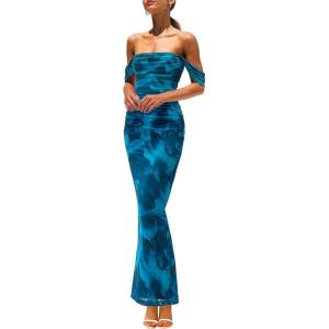 imagePRETTYGARDEN Cocktail Dresses for Women 2026 Summer Floral Off Shoulder Ruched Mesh Elegant Wedding Guest Maxi DressLake Blue Floral