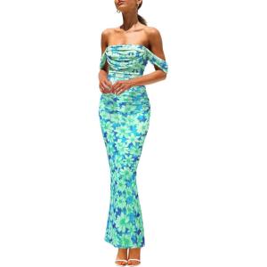 imagePRETTYGARDEN Cocktail Dresses for Women 2026 Summer Floral Off Shoulder Ruched Mesh Elegant Wedding Guest Maxi DressLight Green Daisy
