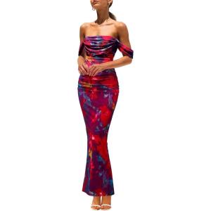 imagePRETTYGARDEN Cocktail Dresses for Women 2026 Summer Floral Off Shoulder Ruched Mesh Elegant Wedding Guest Maxi DressNavy Red Floral