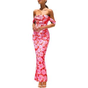 imagePRETTYGARDEN Cocktail Dresses for Women 2026 Summer Floral Off Shoulder Ruched Mesh Elegant Wedding Guest Maxi DressPink Daisy