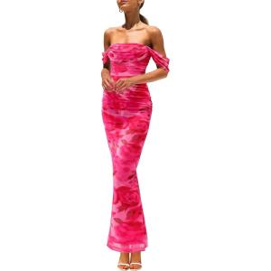 imagePRETTYGARDEN Cocktail Dresses for Women 2026 Summer Floral Off Shoulder Ruched Mesh Elegant Wedding Guest Maxi DressPink Floral