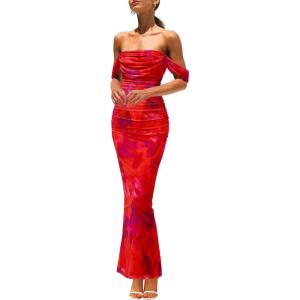 imagePRETTYGARDEN Cocktail Dresses for Women 2026 Summer Floral Off Shoulder Ruched Mesh Elegant Wedding Guest Maxi DressRust Red Floral