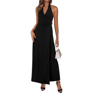 imagePRETTYGARDEN Holiday Cocktail Dresses for Women 2026 Summer Elegant V Neck Halter Backless Wedding Guest Party Midi DressBlack
