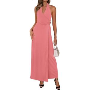 imagePRETTYGARDEN Holiday Cocktail Dresses for Women 2026 Summer Elegant V Neck Halter Backless Wedding Guest Party Midi DressPink