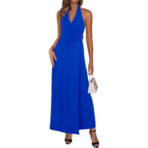 imagePRETTYGARDEN Holiday Cocktail Dresses for Women 2026 Summer Elegant V Neck Halter Backless Wedding Guest Party Midi DressRoyal Blue
