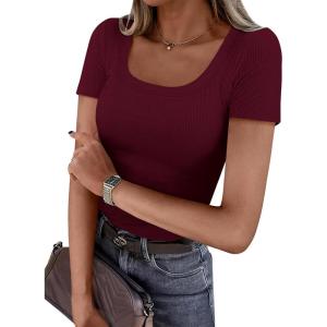 imagePRETTYGARDEN Short Sleeve Shirts for Women 2026 Summer Trendy Scoop Neck Ribbed Tops Spring Casual Slim Fitted Basic TeesBurgundy