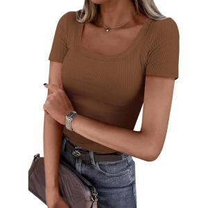 imagePRETTYGARDEN Short Sleeve Shirts for Women 2026 Summer Trendy Scoop Neck Ribbed Tops Spring Casual Slim Fitted Basic TeesKhaki