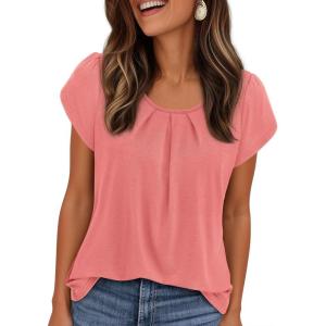 imagePRETTYGARDEN Summer Tops for Women 2026 Short Sleeve Crew Neck Pleated T Shirts Dressy Casual Blouses Spring Fashion ClothesCoral Pink