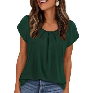 imagePRETTYGARDEN Summer Tops for Women 2026 Short Sleeve Crew Neck Pleated T Shirts Dressy Casual Blouses Spring Fashion ClothesDark Green