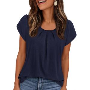 imagePRETTYGARDEN Summer Tops for Women 2026 Short Sleeve Crew Neck Pleated T Shirts Dressy Casual Blouses Spring Fashion ClothesNavy Blue