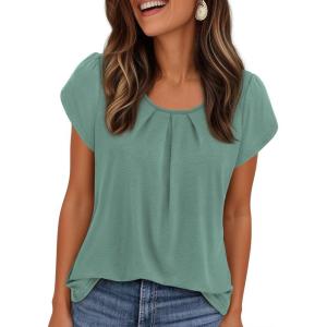 imagePRETTYGARDEN Summer Tops for Women 2026 Short Sleeve Crew Neck Pleated T Shirts Dressy Casual Blouses Spring Fashion ClothesSage Green