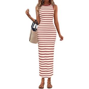 imagePRETTYGARDEN Sundresses for Women 2026 Summer Striped Knit Side Slit Spring Fashion Bodycon Maxi Dress Beach Vacation ClothesRed