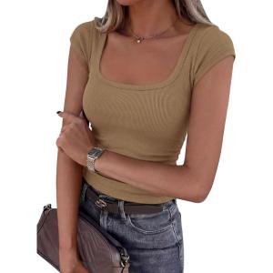 imagePRETTYGARDEN Womens Cap Sleeve T Shirts 2026 Square Neck Basic Tees Slim Fit Ribbed Knit Spring Going Out Tops Summer ClothesLight Khaki