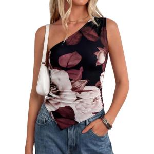 imagePRETTYGARDEN Womens Floral Mesh Tops 2026 Summer Asymmetrical One Shoulder Sleeveless Ruched Shirts Spring Going Out ClothesBlack Apricot Floral