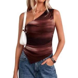 imagePRETTYGARDEN Womens Floral Mesh Tops 2026 Summer Asymmetrical One Shoulder Sleeveless Ruched Shirts Spring Going Out ClothesBrown Print