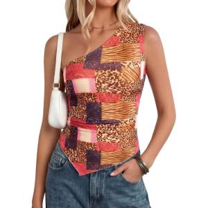 imagePRETTYGARDEN Womens Floral Mesh Tops 2026 Summer Asymmetrical One Shoulder Sleeveless Ruched Shirts Spring Going Out ClothesKhaki Leopard