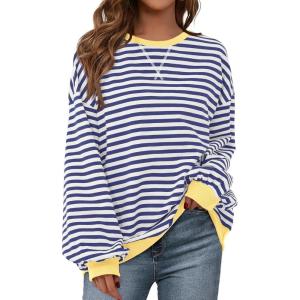 imagePRETTYGARDEN Womens Striped Oversized Sweatshirt Color Block Crew Neck Long Sleeve Casual Loose Pullover Top Y2K ClothesDark Blue White