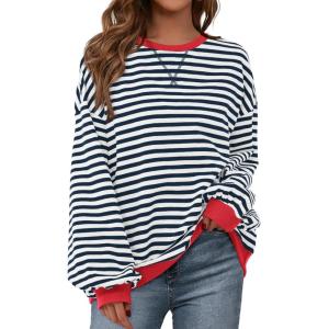 imagePRETTYGARDEN Womens Striped Oversized Sweatshirt Color Block Crew Neck Long Sleeve Casual Loose Pullover Top Y2K ClothesNavy White