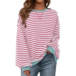 imagePRETTYGARDEN Womens Striped Oversized Sweatshirt Color Block Crew Neck Long Sleeve Casual Loose Pullover Top Y2K ClothesPink White