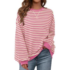 imagePRETTYGARDEN Womens Striped Oversized Sweatshirt Color Block Crew Neck Long Sleeve Casual Loose Pullover Top Y2K ClothesRose Pink White