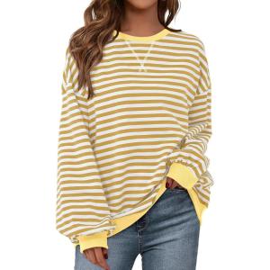 imagePRETTYGARDEN Womens Striped Oversized Sweatshirt Color Block Crew Neck Long Sleeve Casual Loose Pullover Top Y2K ClothesYellow White