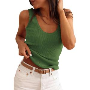 imagePRETTYGARDEN Womens Summer Sleeveless Tank Tops 2026 V Neck Ruffle Lightweight Ribbed Knit Shirt Casual Going Out TopArmy Green