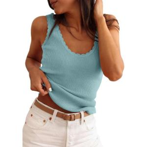 imagePRETTYGARDEN Womens Summer Sleeveless Tank Tops 2026 V Neck Ruffle Lightweight Ribbed Knit Shirt Casual Going Out TopLight Blue