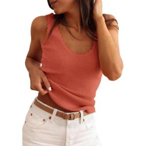 imagePRETTYGARDEN Womens Summer Sleeveless Tank Tops 2026 V Neck Ruffle Lightweight Ribbed Knit Shirt Casual Going Out TopOrange