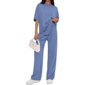 imagePRETTYGARDEN 2 Piece Lounge Sets for Women Summer 2026 Short Sleeve Matching Airport Travel Outfits Casual Spring ClothesDusty Blue