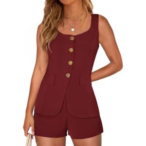 imagePRETTYGARDEN Womens 2 Piece Matching Sets 2026 Fashion Button Down Suit Vest Tops Shorts Set Spring Business Casual OutfitsWine Red