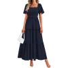 imagePRETTYGARDEN Summer Dresses for Women 2026 Boho Swiss Dot Smocked Square Neck Short Sleeve Spring Wedding Guest Maxi DressNavy Blue